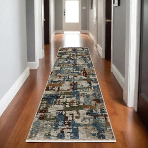 HomeRoots 10' Abstract Distressed Area Rug in Beige with Rust and Teal Hues, Fringe Edges for Timeless Charm 8' Runner 575590