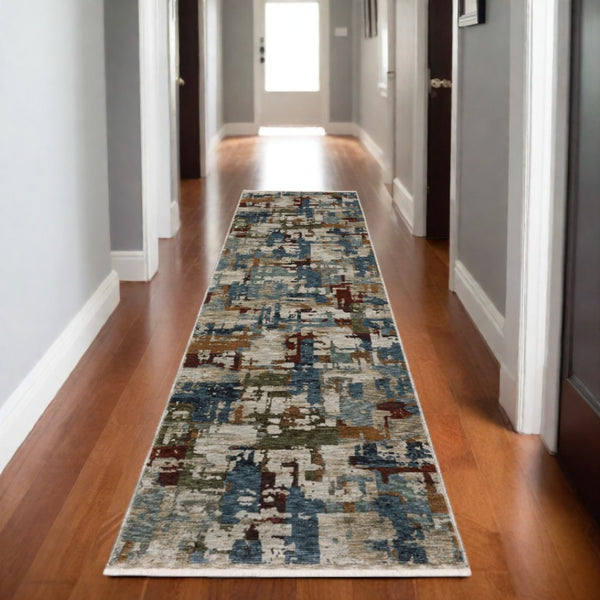 HomeRoots 10' Abstract Distressed Area Rug in Beige with Rust and Teal Hues, Fringe Edges for Timeless Charm 8' Runner 575590