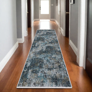 Homeroots 5' Blue Abstract Power Loom Area Rug With Fringe - Stylish, Stain-resistant Design For Any Space 8' Runner Polyester 575591