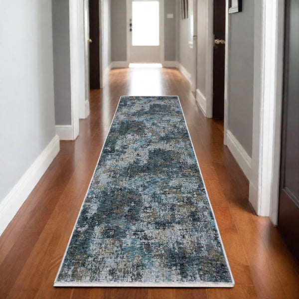 Homeroots 5' Blue Abstract Power Loom Area Rug With Fringe - Stylish, Stain-resistant Design For Any Space 8' Runner Polyester 575591