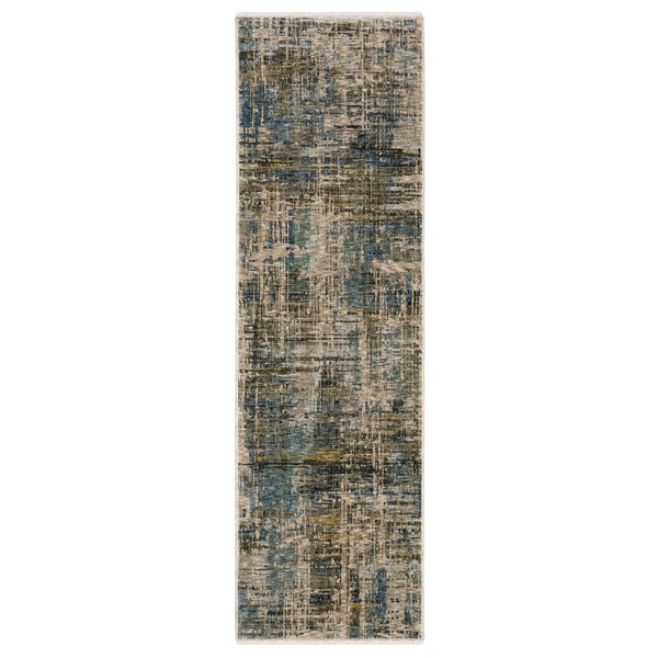 HomeRoots 5' Blue and Gold Abstract Distressed Area Rug with Stylish Fringe for Modern Living Spaces 8' Runner 575593