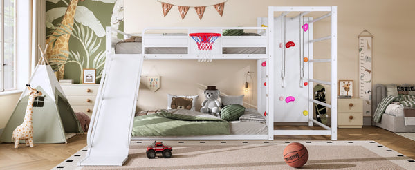 English Elm Twin Metal Loft Bed with Slide Basketball Hoop Climbing Wall and Built-in Shelves W1580S00634