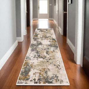 Homeroots 5' Abstract Beige And Gray Area Rug With Fringe - Stylish, Stain-resistant Design For Any Decor 8' Runner Polyester 575600