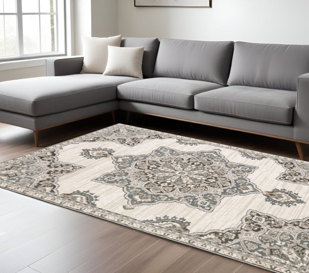 HomeRoots 10' Brown and Blue Medallion Area Rug - Stain-Resistant, Durable, Perfect for Family Spaces 7' X 10' 575601