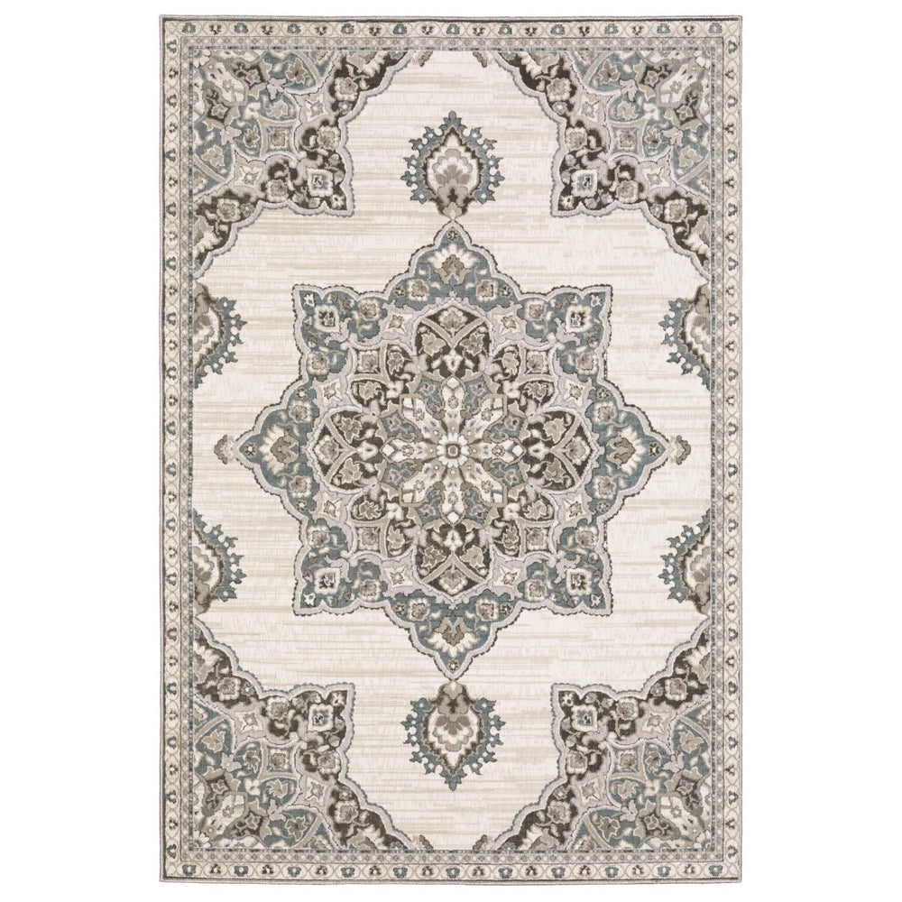 HomeRoots 10' Brown and Blue Medallion Area Rug - Stain-Resistant, Durable, Perfect for Family Spaces 7' X 10' 575601