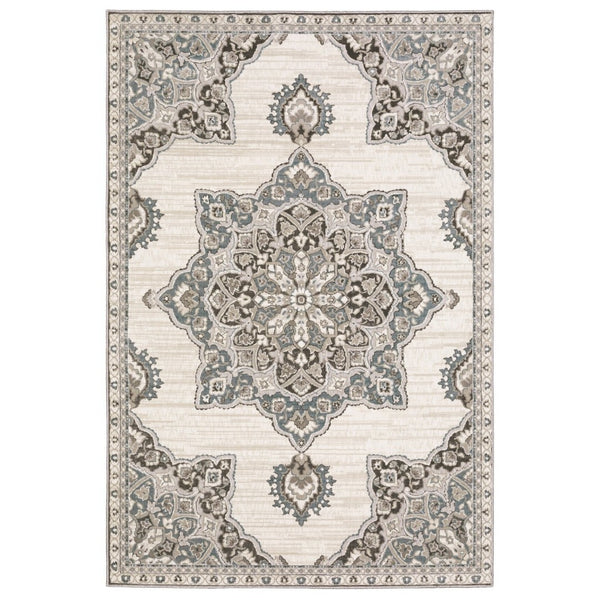 HomeRoots 10' Brown and Blue Medallion Area Rug - Stain-Resistant, Durable, Perfect for Family Spaces 7' X 10' 575601