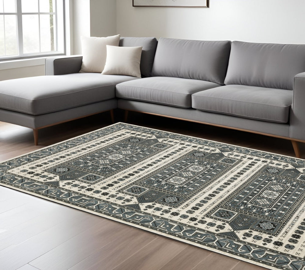 HomeRoots 3' Gray and Blue Medallion Area Rug - Timeless Elegance, Durable & Stain Resistant for Any Room 7' X 10' 575604