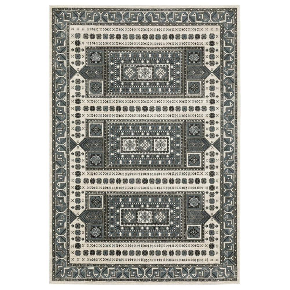 HomeRoots 3' Gray and Blue Medallion Area Rug - Timeless Elegance, Durable & Stain Resistant for Any Room 7' X 10' 575604