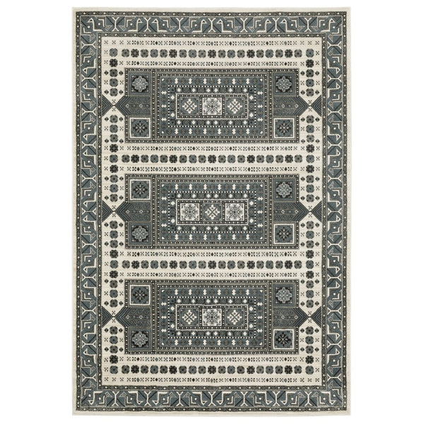 HomeRoots 3' Gray and Blue Medallion Area Rug - Timeless Elegance, Durable & Stain Resistant for Any Room 7' X 10' 575604