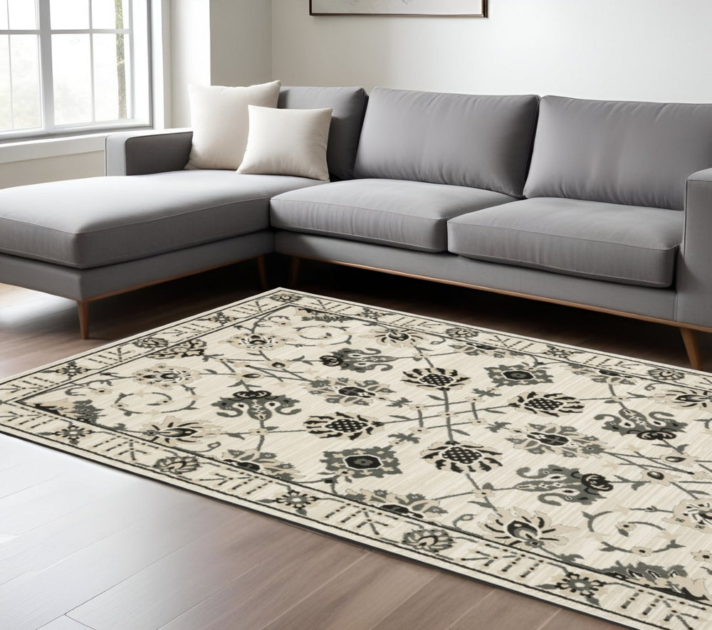 HomeRoots 3' Ivory and Gray Oriental Area Rug - Timeless Design, Stain Resistant, Perfect for High-Traffic Areas 7' X 10' 575606