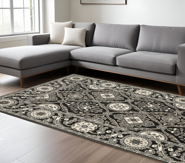 Homeroots 3' Charcoal Oriental Area Rug - Stylish, Stain-resistant Design For Warmth And Elegance In Any Room 7' X 10' Polypropylene,Polyester 575608