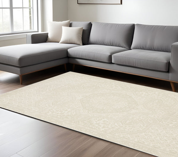 Homeroots 3' Ivory Medallion Area Rug - Stain Resistant, Stylish Design For Home Decor And Cozy Spaces 7' X 10' Polypropylene,Polyester 575612