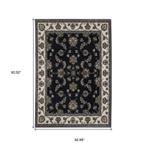 Homeroots 4' Elegant Navy Blue Oriental Area Rug With Fringe - Stain Resistant, Perfect For Kids & Pets 5' X 8' Polyester 575618