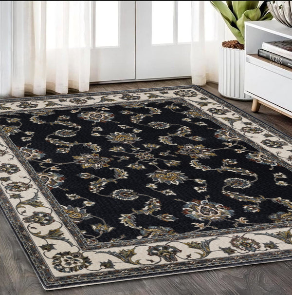 Homeroots 4' Elegant Navy Blue Oriental Area Rug With Fringe - Stain Resistant, Perfect For Kids & Pets 5' X 8' Polyester 575618