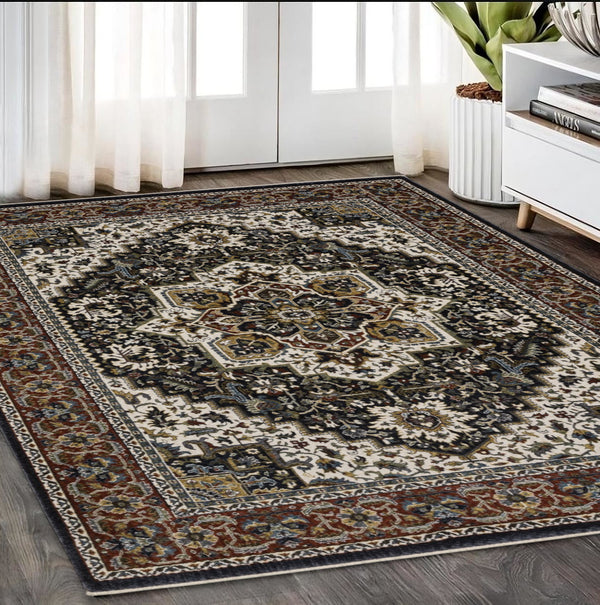 Homeroots 10' Red Medallion Power Loom Area Rug With Fringe - Stain Resistant, Stylish Design For Home Decor 5' X 8' Polyester 575621