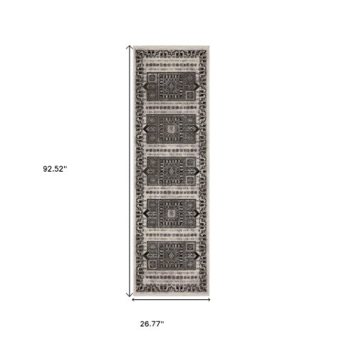 Homeroots 5' Ivory Oriental Area Rug With Charcoal Design And Fringe - Stain Resistant, Stylish Home Decor 8' Runner Polyester 575622