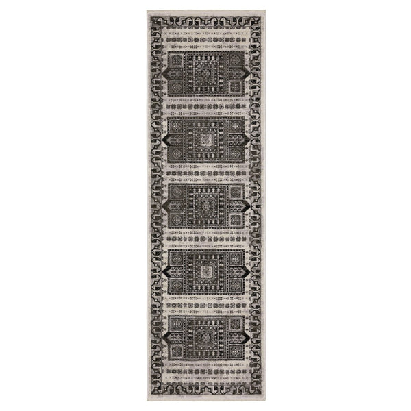 HomeRoots 5' Elegant Ivory and Charcoal Oriental Area Rug with Fringe - Durable, Stain-Resistant, Timeless Style 8' Runner 575622