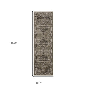 Homeroots 3' Gray Medallion Area Rug With Fringe – Stylish, Stain Resistant Design For Home & Pet Friendly Spaces 8' Runner Polyester 575623