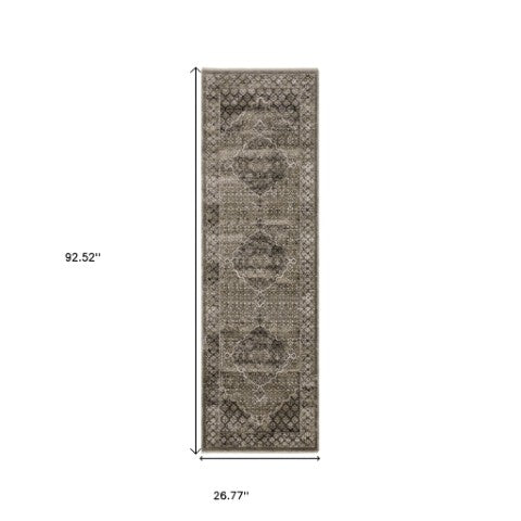 Homeroots 3' Gray Medallion Area Rug With Fringe – Stylish, Stain Resistant Design For Home & Pet Friendly Spaces 8' Runner Polyester 575623