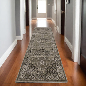 Homeroots 3' Gray Medallion Area Rug With Fringe – Stylish, Stain Resistant Design For Home & Pet Friendly Spaces 8' Runner Polyester 575623