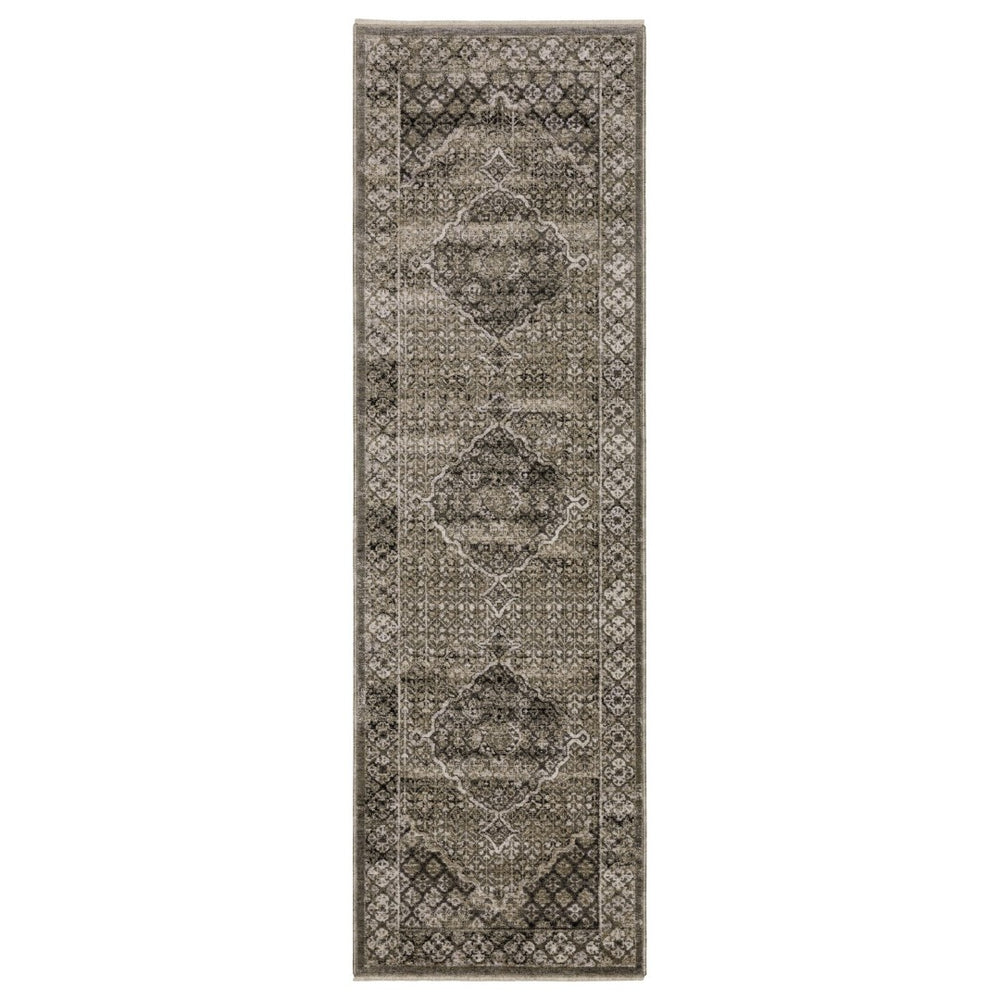 HomeRoots 3' Gray and Beige Medallion Area Rug with Tasseled Fringe for Elegant Home Décor and Durability 8' Runner 575623
