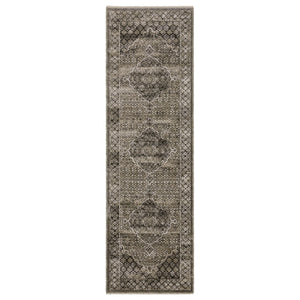 HomeRoots 3' Gray and Beige Medallion Area Rug with Tasseled Fringe for Elegant Home Décor and Durability 8' Runner 575623