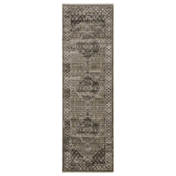 HomeRoots 3' Gray and Beige Medallion Area Rug with Tasseled Fringe for Elegant Home Décor and Durability 8' Runner 575623