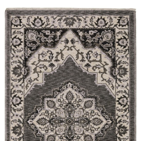 Homeroots 10' Charcoal Medallion Area Rug With Fringe – Stylish, Stain-resistant Design For Warm Interiors Grey,Beige Polyester 575626