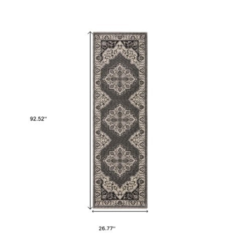 Homeroots 10' Charcoal Medallion Area Rug With Fringe – Stylish, Stain-resistant Design For Warm Interiors Grey,Beige Polyester 575626