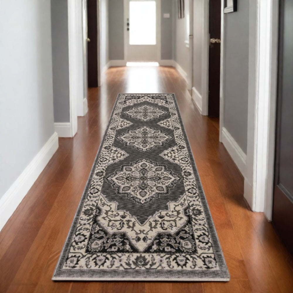 HomeRoots 10' Charcoal and Ivory Medallion Area Rug with Fringed Edges - Durable, Stylish, Stain-Resistant Design Grey/ Beige 575626