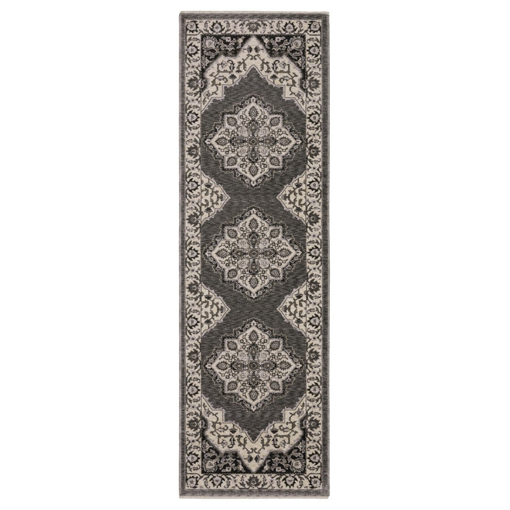 HomeRoots 10' Charcoal and Ivory Medallion Area Rug with Fringed Edges - Durable, Stylish, Stain-Resistant Design Grey/ Beige 575626