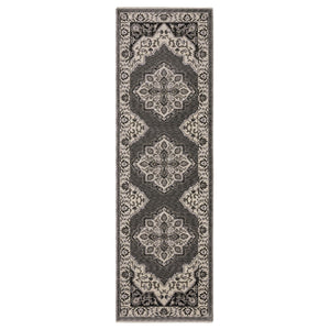 HomeRoots 10' Charcoal and Ivory Medallion Area Rug with Fringed Edges - Durable, Stylish, Stain-Resistant Design Grey/ Beige 575626