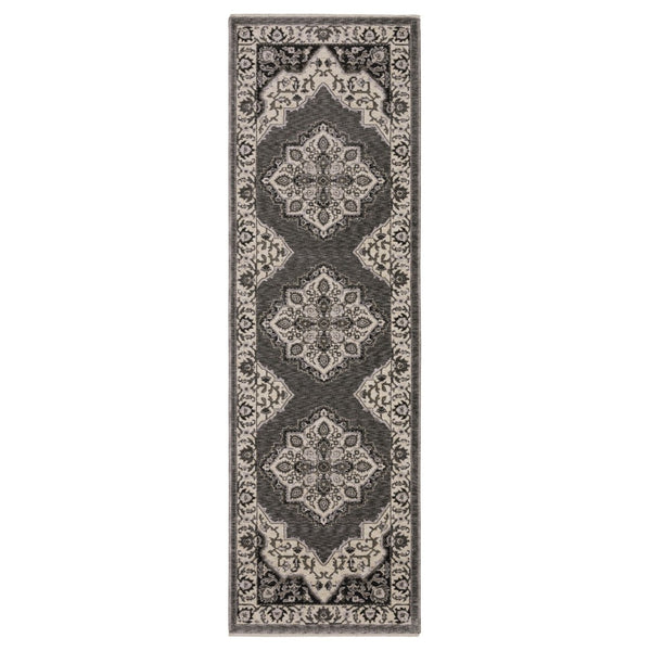 HomeRoots 10' Charcoal and Ivory Medallion Area Rug with Fringed Edges - Durable, Stylish, Stain-Resistant Design Grey/ Beige 575626