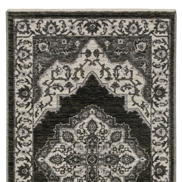 Homeroots 10' Charcoal Medallion Area Rug With Fringe – Stylish, Stain-resistant Design For Warm Interiors 8' Runner Polyester 575627