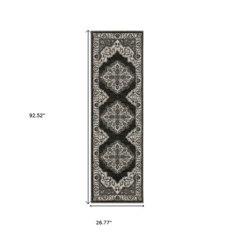 Homeroots 10' Charcoal Medallion Area Rug With Fringe – Stylish, Stain-resistant Design For Warm Interiors 8' Runner Polyester 575627