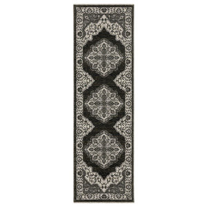 HomeRoots 10' Charcoal and Ivory Medallion Area Rug with Fringed Edges - Durable, Stylish, Stain-Resistant Design 8' Runner 575627