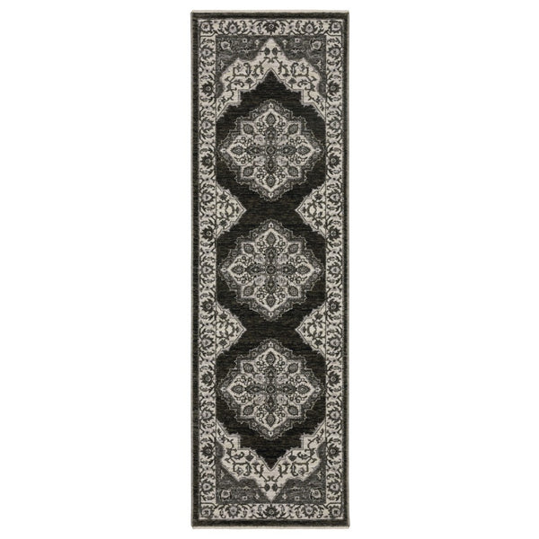HomeRoots 10' Charcoal and Ivory Medallion Area Rug with Fringed Edges - Durable, Stylish, Stain-Resistant Design 8' Runner 575627