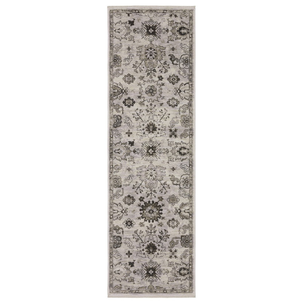 HomeRoots 5' Elegant Ivory and Gray Oriental Area Rug – Timeless Design, Stain-Resistant, Durable Fringe Finish 8' Runner 575628