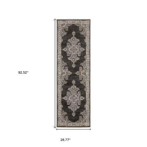 Homeroots 3' Stylish Gray Medallion Area Rug With Fringe - Perfect For Homes With Kids And Pets, Stain Resistant 8' Runner Polyester 575630