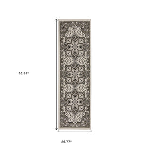 HomeRoots 5' Ivory and Gray Medallion Area Rug with Fringe – Timeless Style, Stain-Resistant, Perfect for Any Space 8' Runner 575631