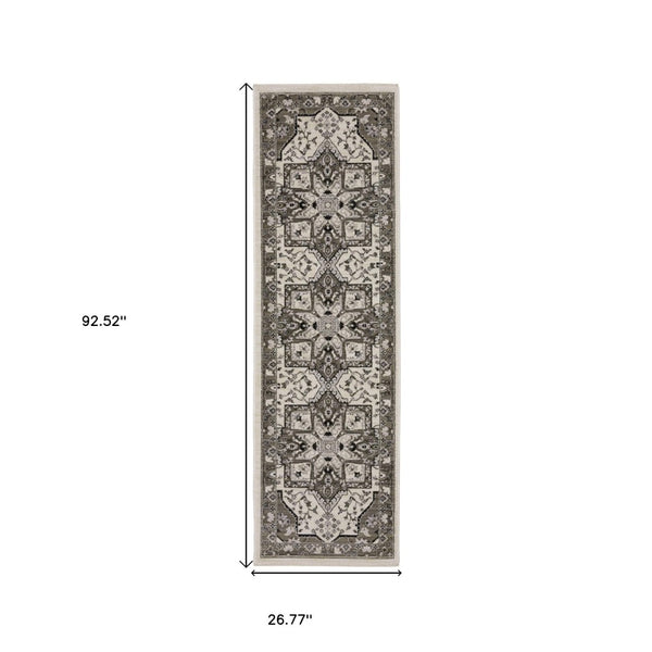 HomeRoots 5' Ivory and Gray Medallion Area Rug with Fringe – Timeless Style, Stain-Resistant, Perfect for Any Space 8' Runner 575631