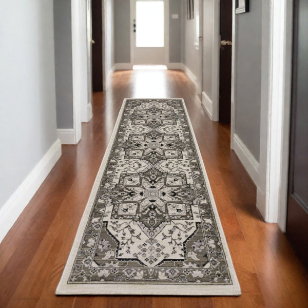HomeRoots 5' Ivory and Gray Medallion Area Rug with Fringe – Timeless Style, Stain-Resistant, Perfect for Any Space 8' Runner 575631