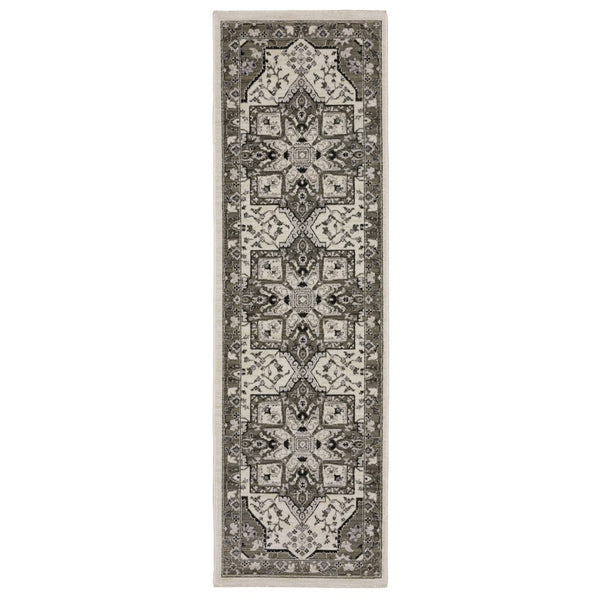 HomeRoots 5' Ivory and Gray Medallion Area Rug with Fringe – Timeless Style, Stain-Resistant, Perfect for Any Space 8' Runner 575631