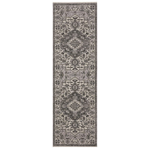 HomeRoots 3' Gray and Ivory Medallion Area Rug with Fringed Edges - Durable, Stain-Resistant for Timeless Style 8' Runner 575632