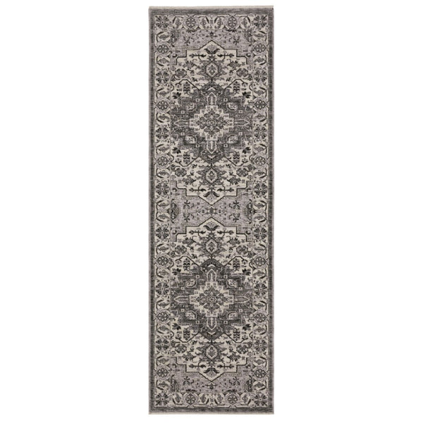 HomeRoots 3' Gray and Ivory Medallion Area Rug with Fringed Edges - Durable, Stain-Resistant for Timeless Style 8' Runner 575632