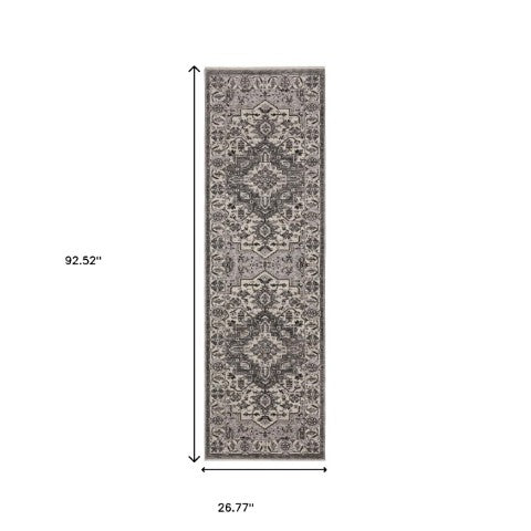 Homeroots 3' Gray Medallion Area Rug With Fringe – Stain Resistant, Stylish Design For Home Decor Warmth 8' Runner Polyester 575632