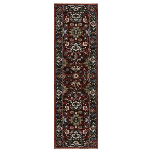 HomeRoots 10'' Vibrant Red, Blue & Charcoal Oriental Area Rug with Fringe - Timeless Elegance for Your Home 8' Runner 575633