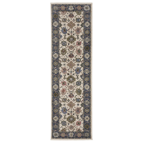 Homeroots 5' Elegant Ivory Blue Gray Floral Area Rug With Fringe - Stain Resistant, Soft Texture For Any Space 8' Runner Polyester 575635