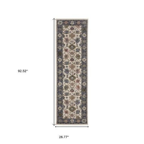 Homeroots 5' Elegant Ivory Blue Gray Floral Area Rug With Fringe - Stain Resistant, Soft Texture For Any Space 8' Runner Polyester 575635