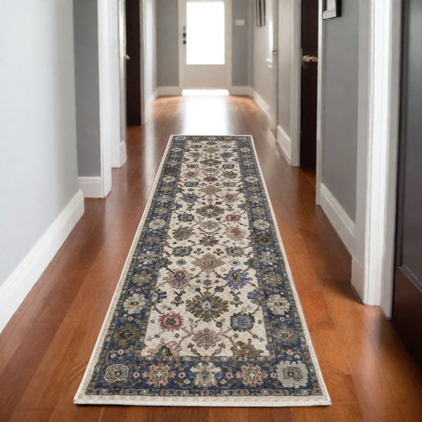 Homeroots 5' Elegant Ivory Blue Gray Floral Area Rug With Fringe - Stain Resistant, Soft Texture For Any Space 8' Runner Polyester 575635
